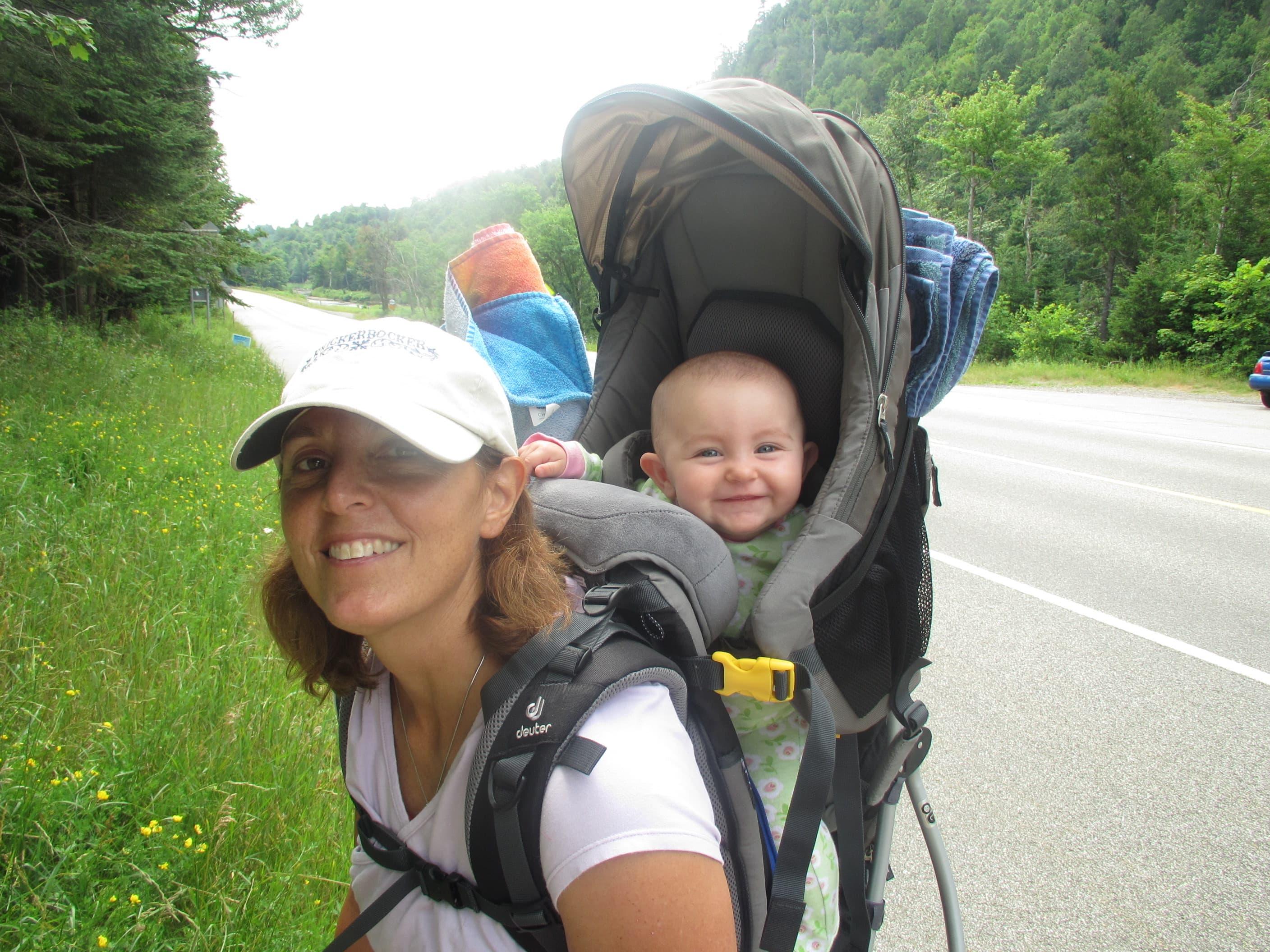 Debbie Sweeney hiking with baby in backpack carrier
